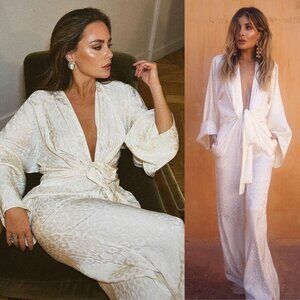 Rat & Boa Bianco Kimono Jumpsuit Satin White Animal Print Wide Leg Size XS